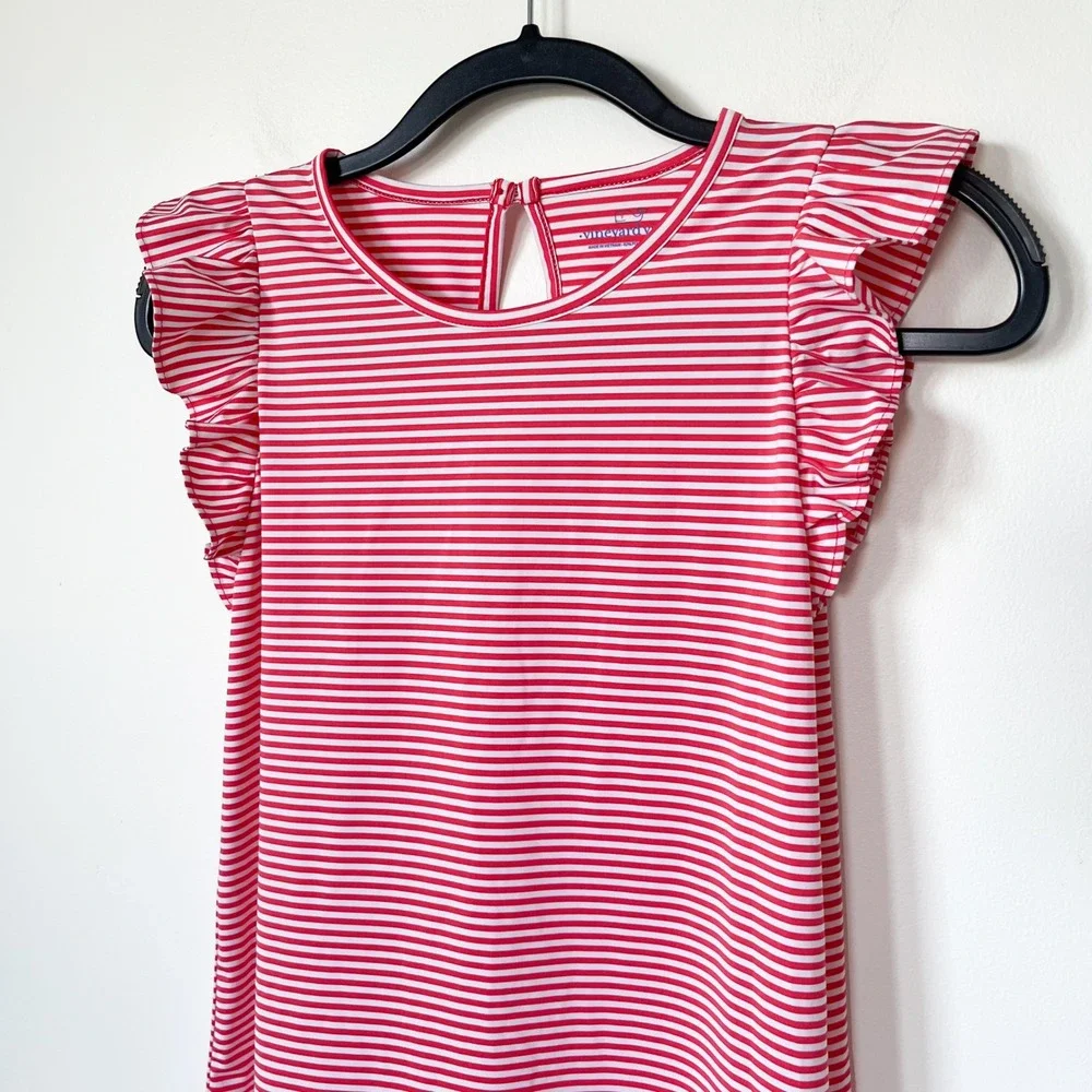 Vineyard Vines Madison Stripe Ruffle Sleeve Dress Malibu Pink Girls Large 14
